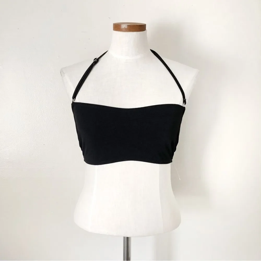 Grungecore Michael Kors Black halter swimsuit top size 10 leather buckle